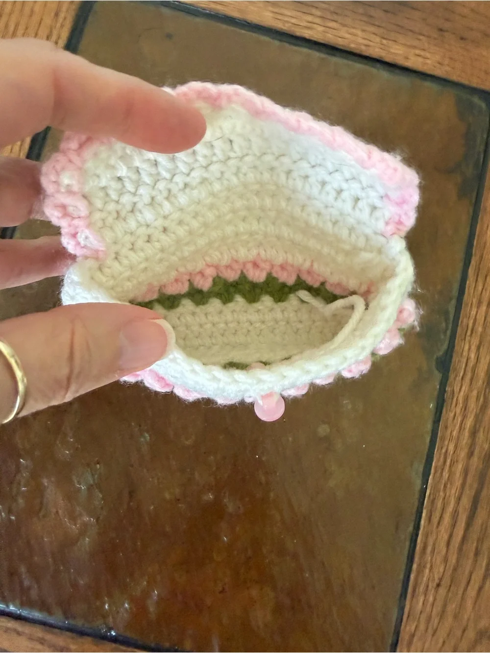 Handmade Crochet Coin Purse- Cream with Pink & Green Accents